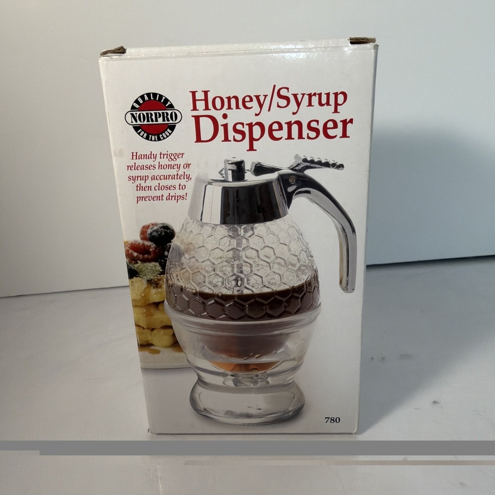 Norpro Honey /Syrup Dispenser Glass Bee Hive 8 oz jar w/sliver Trigger & stand